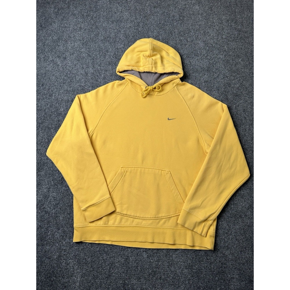 Mens‎ Nike Yellow Fleece Hoodie Gray Lined Hood Kangaroo Pocket, Size L